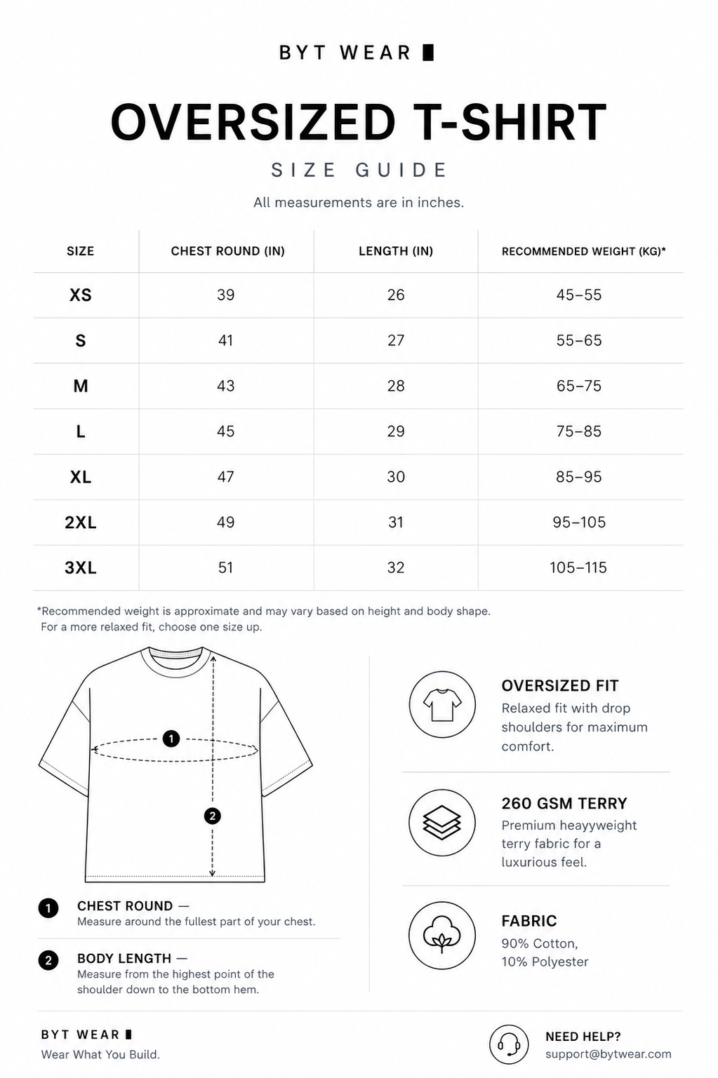 BYTWEAR oversized terry t-shirt size chart - measurements from S to XXL